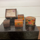 Lot of 5 Trinket Boxes - 4 wood - 1 Leather - Good Condition - Travel - Floral