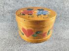 Vintage Cheese Box Round Wooden Hand Painted Folk Art Fabric Lined With Lid 8”