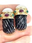 Vintage MAZ 14k Gold Glass, Ruby, Emerald Cabachon Mabe Pearl Earrings