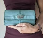 Fossil Maddox Zip Long Clutch Trifold Leather Wallet Blue Green preowned