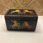 1950’s Vintage Wooden Playing Card Deck Box Men On Horses Holder Storage Box