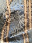 One Antique French Silk Damask Curtain ~ Blue Brown Floral Basket Stripe Fabric