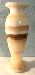 VTG Yellow/Brown Onyx Alabaster Stone Vase-Multicolored Natural Swirls-6”H-EUC