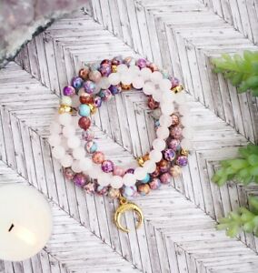 108 Mala Beads Natural Rose Quartz Jasper Stone Necklace Wrap Bracelet Handmade