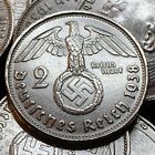 Rare Third Reich German 2 Reichsmark Hindenburg Silver Coin