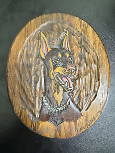 Doberman Hand Carved Primitive Rustic Wood R L  Burkett Vintage Art 1988 Dobie