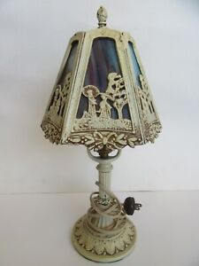 Antique Asian Painted Metal Boudoir Slag Glass Lamp, Purple / Blue (15