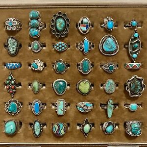 WHOLESALE LOT of 36 Vintage NATIVE AMERICAN Sterling Silver TURQUOISE Rings