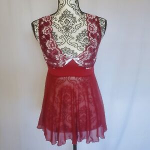 Burgundy Red Sheer Mesh And Floral Lace Babydoll Lingerie Top Size Medium