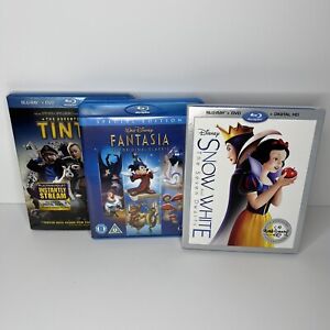 Kids Blu Ray Lot (3) Disney Snow White Seven Dwarfs Fantasia & TinTin