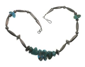 Very OLD PAWN Native American Sterling Silver Turquoise Bead Necklace 16 inches