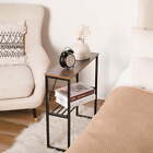 Tall End Table, Narrow Side Table with Storage Shelve, Walnut Brown
