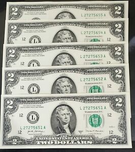 **Lot of 5 Uncirculated/Sequential Two Dollar Bills ** SPECIAL HOLIDAY PRICE **