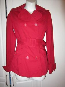 Women Red Double Breasted Belted Short Trench Coat Jacket Size Small