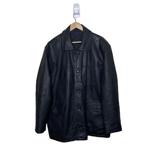 C&A Black Leather Jacket Long Coat Button Up Canada Vintage Men’s XL