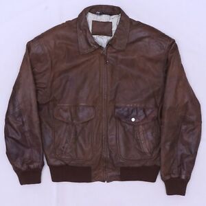 C4041 VTG Fidelity Lined Map Brown Leather Bomber Jacket Size XL