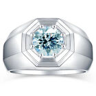 2.06 Ct Vvs :Round Blue White Moissanite Diamond Octagon Men's 925 Silver Ring