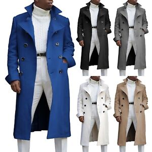 Men's Notch Lapel Double Breasted Long Trench Coat Casual Cotton Blend Peacoat