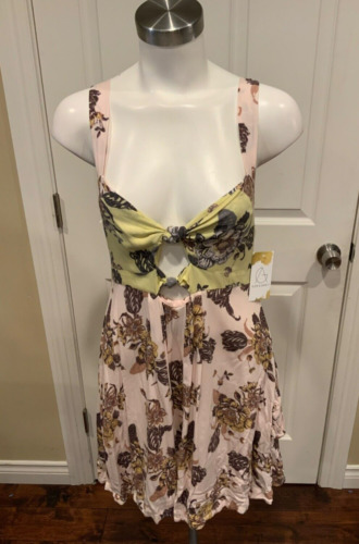Free People Light Pink, Yellow, & Brown Floral Baby Doll Dress, Size Medium
