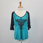 Maurices Womens Western Bull Head 3/4 Sleeve V-Neck T-Shirt Size L Bedazzled
