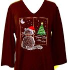Plus 1X 2X 3X Rhinestone Embellished Christmas Kitty Cat Tree Moon Star Knit Top