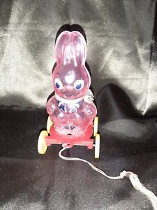 Vintage Pink Hard Plastic Bunny Rabbit Candy Dish on Wheels