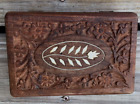 Floral Design Inlaid Carved Distressed Wooden Hinged Jewelry Trinket Box