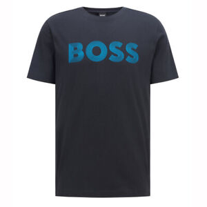 NWT HUGO BOSS Cotton-Jersey T-Shirt with FINELINE LOGO ARTWORK Dark Blue M / XL
