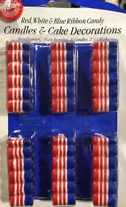 Vintage 6 WILTON Red White Blue Ribbon Candy 2” Birthday Candles Cake Decoration