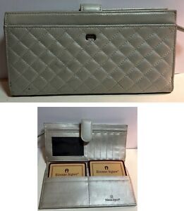 Vintage Etienne Aigner Quilted Silver Leather Checkbook Clutch Wallet 4 Bag