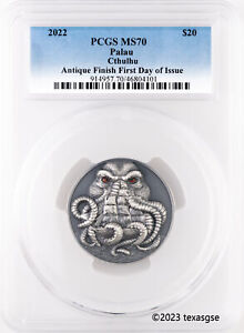 2022 Palau H.P. Lovecraft Cthulhu 3 oz Silver Coin Antiqued FDI - PCGS MS70