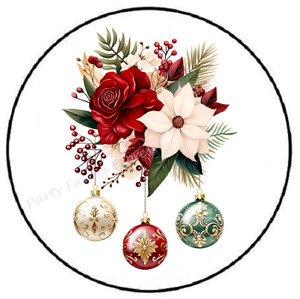 POINSETTIAS AND ORNAMENTS CHRISTMAS ENVELOPE SEALS LABELS STICKERS PARTY FAVORS