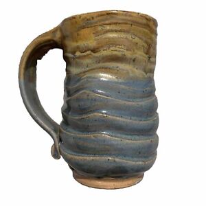 Studio Art Pottery 2013 Coffee Mug Cup Hand Made Earth Ribbed Clay Signed 12 Oz