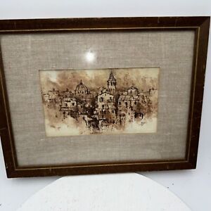 New ListingVTG Original Small Painting Sepia Ink on Paper Signed by Artist European Town
