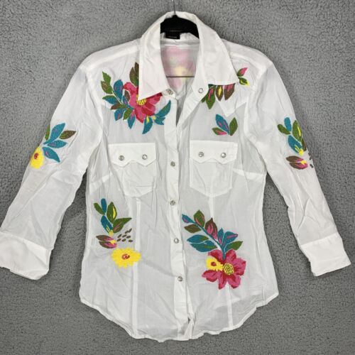 BCBG maxazira White Embroidered Floral western Shirt Pearl Snap Small Sheer