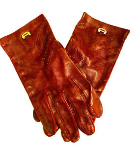 Vintage Etienne Aigner  Gloves Maroon Oxblood Leather Italy Metal Logos Size 6.5