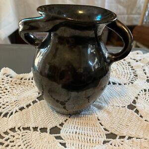 Early Georgia Art Pottery Double Handled Black Vase Planter