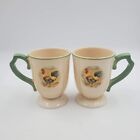 Set of 2 Rooster Chicken Coffee Cups Mugs Footed Green Trim Farmhouse Country