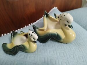 Pair Vintage Yellow Green Hull Pottery Ducks/ Swans - Polka Dot Kerchief Nice