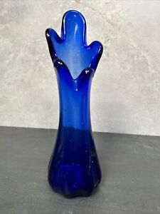U1 Vintage MCM 5 Finger Swung Glass Vase ~ Cobalt Blue 9.5”