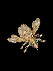 Vintage 18kt Gold Artisan Handmade Diamonds Bee Fly Insect Brooch Green Eyes