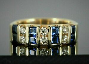 1.50Ct  Blue Sapphire & Round Moissanite Band Ring 14K Yellow Gold Plated
