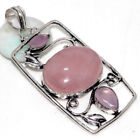 925 Silver Plated-Rose Quartz Pink Chalcedony Ethnic Pendant Jewelry 2.6