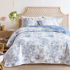 Flysheep Botanical Quilt Set Full Queen Size 3 Pieces, White Blue Floral Printed