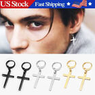 Men's Cross Dangle Earrings Stainless Steel Hinged Piercing Huggie Hoop Earring