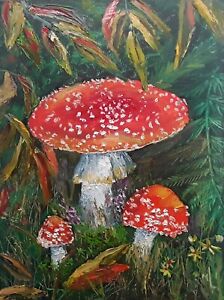 Original oil painting Fly Agaric Painting Mushroom Artwork Forest Landscape