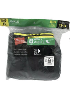 Hanes Mens Ankle Socks Black 8 Pairs Big & Tall Size 12-14 New In Package