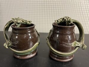 New ListingVintage Handmade Glazed Clay Pottery Coffee Tea 2 Mugs Medieval Dragon Stoneware
