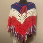 Vintage Crochet Red White And Blue Cape Shrug Poncho With Fringe One Size