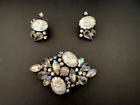 Vintage silver tone baroque pearl rhinestone brooch pin clip-on earrings set